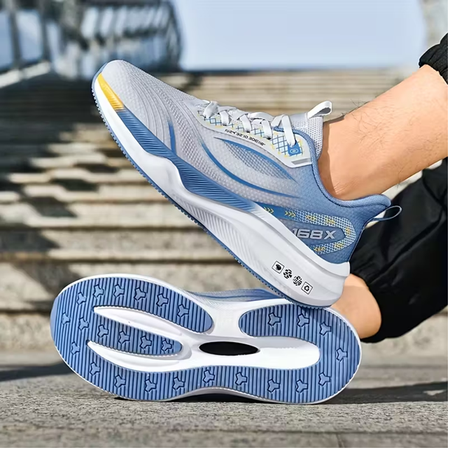 Men'S Breathable Knit Sneakers with Stripes - Lightweight, Comfortable Lace-Up Sneakers for Running, Hiking & Casual Wear, White & Blue Design, All-Season Footwear, Casual Sneakers Low top Sneakers Fabric Upper Sneakers