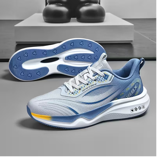 Men'S Breathable Knit Sneakers with Stripes - Lightweight, Comfortable Lace-Up Sneakers for Running, Hiking & Casual Wear, White & Blue Design, All-Season Footwear, Casual Sneakers Low top Sneakers Fabric Upper Sneakers